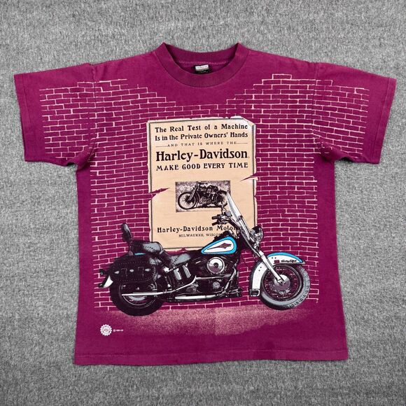 Vintage Harley Davidson T-Shirt Men's Medium Maroon Brick AOP Biker Motorcycle‎ - Picture 1 of 7